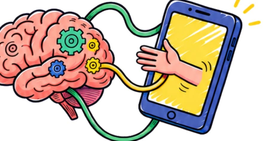 Ilustración de un cerebro conectado con cables a un móvil, del que sale una mano que lo agarra.