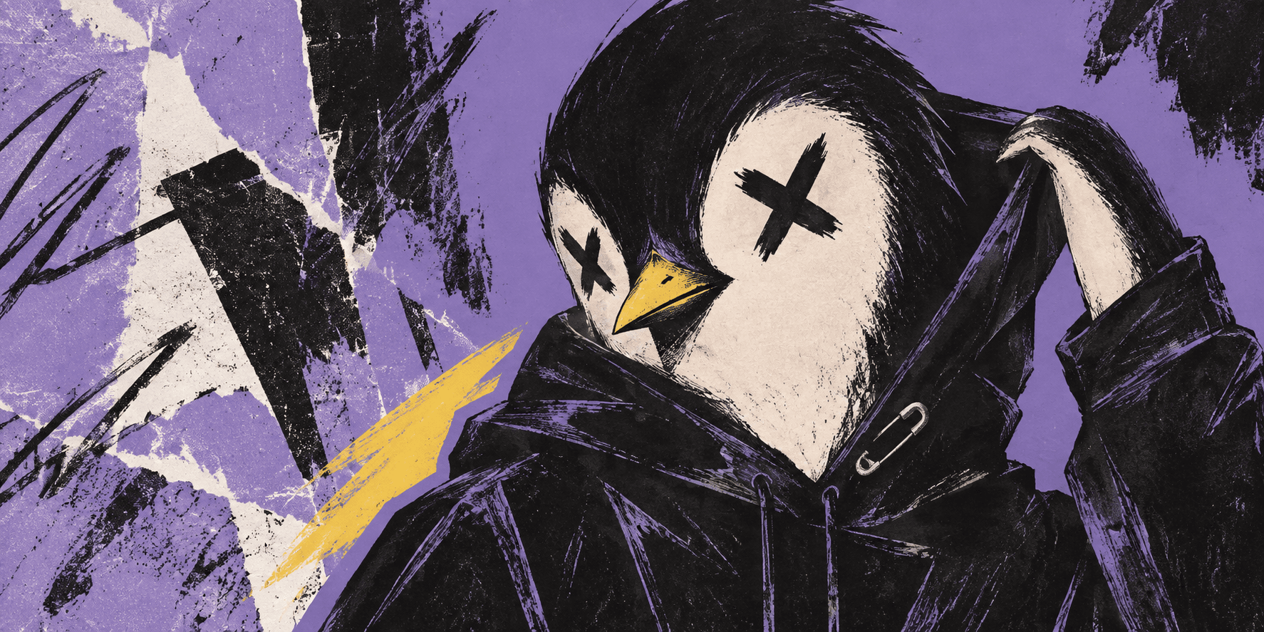 Ilustración: primer plano de un pingüino adolescente con sudadera negra que se sube la capucha, con un imperdible en el cuello, sobre una pared morada con trazos rayados y una pincelada amarilla.
